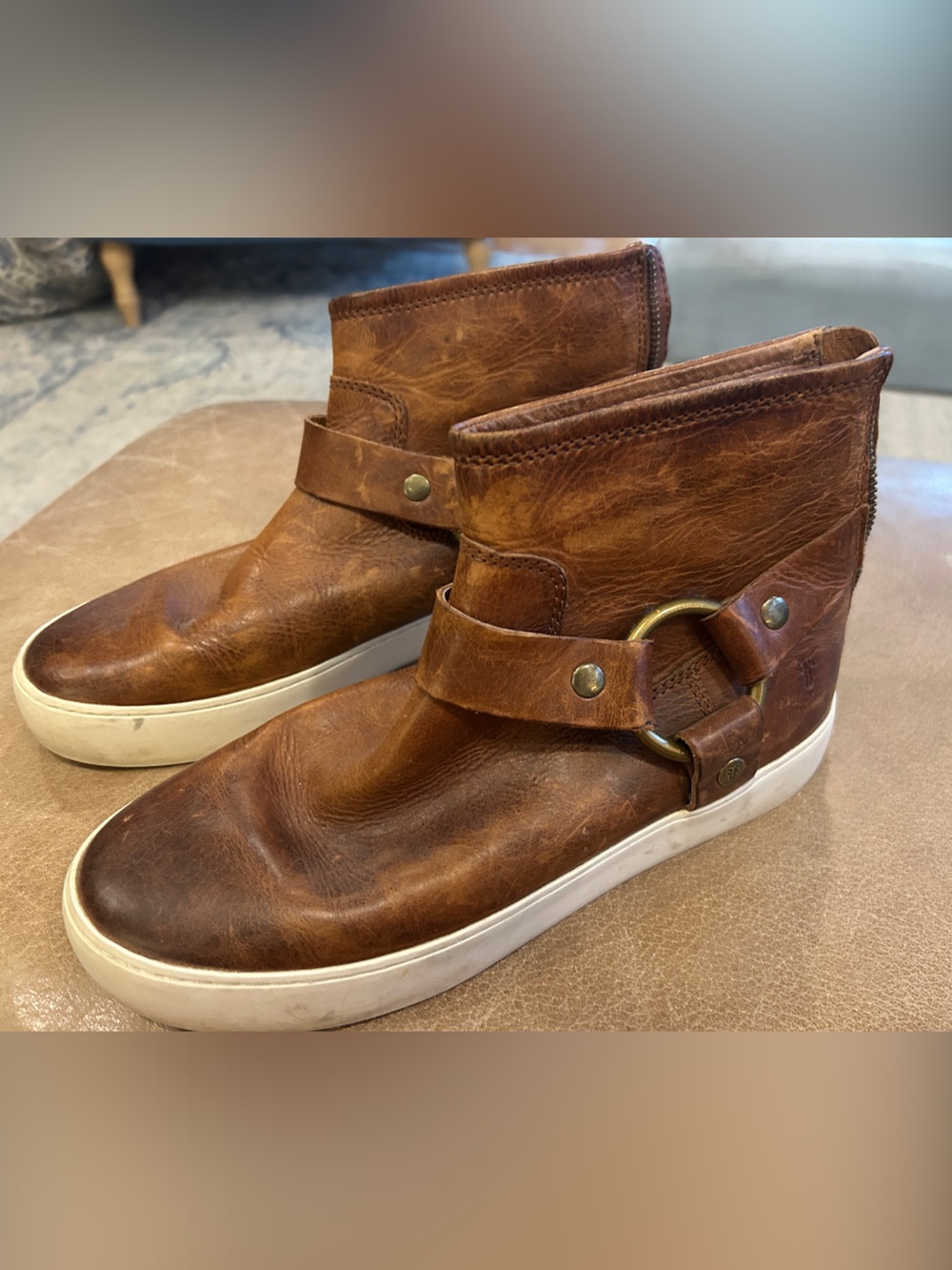 Frye Cognac Leather Ankle Booties with Ring Strap